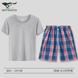 七匹狼睡衣睡裤男夏季纯棉短袖T恤短裤阿罗裤2件套可外穿家居服套装 麻灰短袖+深蓝五分短裤 L -170（建议100-120斤）
