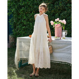 Olrain欧芮儿法式刺绣挂脖连衣裙女夏季度假吊带蛋糕裙长裙 杏色 S