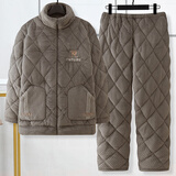 安颜睡衣男士冬季加绒加厚三层夹棉法兰绒家居服套装珊瑚绒保暖秋冬款 110卡其R 2XL 一135斤-160斤 三层加厚