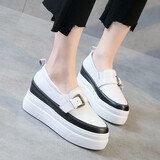 菲孟婕森松糕鞋女厚底小白鞋女牛皮厚底鞋女增高休闲鞋运动懒人鞋小码女鞋 黑色真皮 36