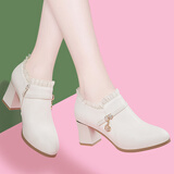 亚米酷2024春季新款单鞋女蕾丝边金属装饰设计高跟鞋通勤气质休闲女鞋 8207米色 35