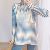 米娅琳 产后哺乳衣上衣外出服秋冬季宽松内搭T恤打底衫高领喂奶衣冬装 蓝条纹 L（适合110-130斤）