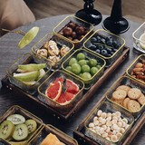 格娜斯玻璃水果盘客厅复古轻奢创意零食摆放分格干果盘网红点心糖果盘 金边锤纹碗6个+六格桐木窗花竹盘