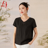 天意TANGY/天意夏季新品设计师V领绣花线设计复古国潮风莨绸短袖T恤 7000莨黑古铜 3XL