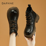 达芙妮马丁靴女牛皮英伦粗跟女靴加绒短靴女鞋子 4022605335 黑色 38 