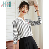 Halo Queen长袖T恤女春秋POLO领字母刺绣条纹上衣宽松休闲上衣新品H143T2012