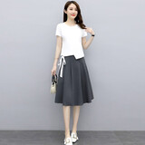 法萝迪 时尚套装女连衣裙春夏装新款修身短袖连衣裙休闲运动套装1381 白+灰 M