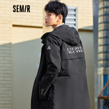 森马森马风衣男中长款户外三防连帽外套2020新款秋装工装风印花男装潮 黑色9000 180/96A/XL