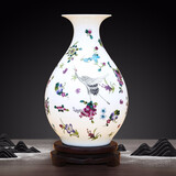 景德镇陶瓷器小号新中式磨砂夜光花瓶工艺品客厅摆件家居酒柜玄关书房电视柜办公室博古架茶室装饰品瓷瓶摆设 夜光鹤舞玉壶春（配木质旋转底座）