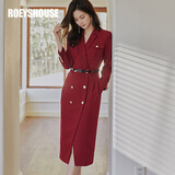 ROEYSHOUSE罗衣通勤职业西装连衣裙女秋装新款气质纯色修身中长款裙子06027 酒红色（配送腰带） L