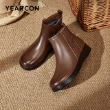 意尔康皮鞋坡跟妈妈鞋简约链婆婆鞋加绒保暖女靴 07636W 棕色 36 