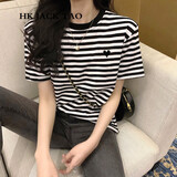 hk jack tao香港潮牌 春夏季爱心条纹t恤女短袖港风新款减龄百搭宽松半袖上衣 黑白条纹 M 95-110斤