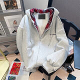 FELALWEN美式慵懒风国潮复古格子拼接卫衣开衫男女情侣独特超好看连帽外套 灰色[春秋款] L 106-125