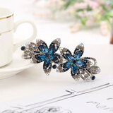 案妆七夕发夹女韩国盘发大号弹簧夹水晶镶钻花朵发饰品马尾发卡子 墨蓝色(送礼盒)