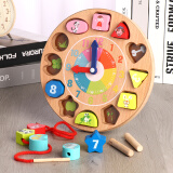 三格田（SANGTY）儿童木制穿线时钟玩具宝宝拼图数字几何形状配对积木智力玩具认知 2826动物穿线时钟