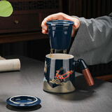 瓷牌茗茶具紫砂茶杯陶瓷木柄马克杯茶水分离水杯带盖泡茶杯可定制节日礼物 霁蓝一鹿有你木柄三件套个人杯