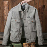 季言重磅短款工装做旧衬衫外套男春秋厚款长袖美式复古军旅风黑色上衣 灰色 S