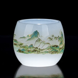 巫记羊脂玉主人茶杯千里江山图功夫茶杯陶瓷大号品茶杯德化禅定杯礼品 【白玉琉璃-千里江山】礼盒装