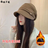 沐铭尔莱帽子女士秋冬圆脸大脸显瘦渔夫帽日系气质休闲帽大头围复古包头帽 【升级加绒咖色】