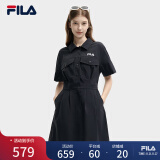 FILA 斐乐官方女子梭织连衣裙2024夏季新款时尚宽松翻领收腰裙子 正黑色-BK 165/84A/M