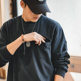 马登工装 复古麂皮绒拼接贴布纯棉长袖T恤宽松落肩圆领卫衣男 深海蓝 M