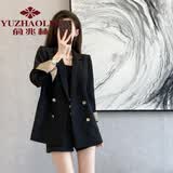 俞兆林小西装女2026早秋新款英伦风宽松显瘦高端双排扣黑色翻袖西装外套 黑色格子袖（现货秒发） XL (建议115-130斤）