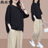韩丝梵大码女装夏季新款胖mm套装女宽松bf原宿风百搭宽松减龄半袖裤子女 5036黑色上衣 4XL 【建议170-190斤】
