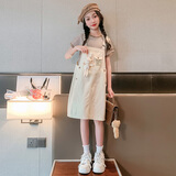 酷乐羊夏天儿童裙子女童连衣裙夏装2025新款套装夏款女大童背带裙夏季潮 米色套装 140