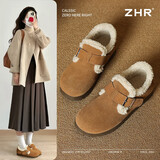 ZHR勃肯鞋女冬季加绒真牛皮棉鞋女羊羔毛豆豆鞋女 AB55B 驼色 37 
