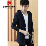 皮尔卡丹（pierre cardin）风衣外套男2025夏季新款中长款连帽风衣修身青年休闲纯色大码 藏青色 XL