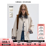 VEGA CHANG【莱赛尔+棉】风衣女中长款2024新款秋格纹撞色拼接PU皮休闲外套 乳酪白(梭织) M