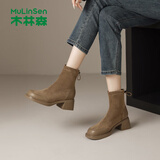 木林森女靴软面拼接短靴女时尚百搭粗跟通勤女士马丁靴 卡其 38 