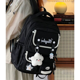 好奇猫韩版大容量多隔层书包女初中高中学生双肩包小学生四到六年级背包 黑色【带吊坠+徽章+星星挂件】