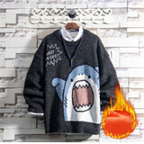 格润欧尚鲨鱼卡通圆领毛衣男生秋冬季加厚宽松针织衫港风 黑色【加厚】 收藏加购优先发 XL