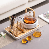 瓷牌茗茶具（cipaiming teaset） 电陶炉煮茶器煮茶壶茶炉家用小型电茶炉加厚耐热玻璃茶壶 竹柄6彩8件+架道+白桃电炉+胺盘