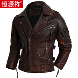 恒源祥新款哈雷机车服头层牛皮真皮皮衣男士修身夹克石磨做旧复古外套 红棕色 多拉 S