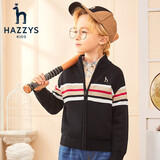 哈吉斯（HAZZYS）品牌童装男童开衫线衣春新款中大童小立领英伦风撞条开衫线衣 钻石黑 105