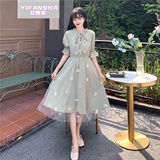 亿梵莎雪纺连衣裙女夏季新款韩版小清新气质仙女收腰显瘦中长款裙子女学生 绿色 均码