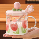 昱博晏郁金香玻璃杯大容量高颜值水杯带盖勺子马克杯七夕礼物送女友节日 大花郁金香杯+花朵勺【450ml】