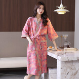 bebedogA类纯棉双层纱布浴袍 春夏薄款睡衣情侣睡袍男女士吸水速干浴衣 花影粉 M 【153-165CM，130斤以内】
