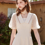 Olrain欧芮儿海军领连衣裙收腰显瘦时尚优雅气质法式桔梗裙子 杏色O21XL39512 S 155/80A