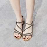 ZHR则则凉鞋女闪耀水钻罗马风女鞋细带百搭名族风显瘦坡跟鞋女舒适外穿鞋子女 AW55 凉鞋 黑色 39