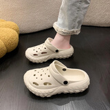 纽凯乐轮胎洞洞鞋女2025新款潮夏季厚底增高防滑时装上班沙滩包头拖凉鞋 卡其 36-37