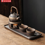 聚晟日式粗陶功夫茶具小套装2人一壶二杯简约茶盘 家用办公室温茶套装 粗陶茶壶套装5头-提梁壶