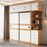 旭彩【24小时闪发】衣柜推拉门实木质简易柜子卧室家用衣橱大衣柜 白色+浅胡桃色 120长主柜+顶柜+边柜