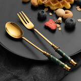 耐持欧式复古咖啡勺不锈钢小勺子精致蛋糕叉甜品勺下午茶搅拌勺 【绿】叉勺组合