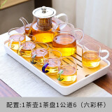 豪祥 轻奢高端整套装耐热玻璃功夫茶具家用办公茶杯壶会客泡茶器日式 八骏壶+六彩把杯8件套+中长方盘