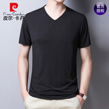 皮尔卡丹【5万+已加购】男士短袖t恤桑蚕丝V领半袖夏季纯色冰真丝体恤汗衫 V款领黑色 XL 175建议140-160斤