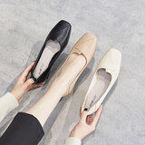 ZHR单鞋女粗跟浅口方头女鞋拼接百搭乐福鞋女通勤风增高显瘦柔软舒适 Y393 杏色 34