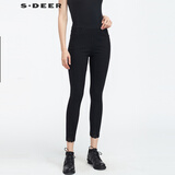 S.DEER圣迪奥通勤女装春秋休闲裤子松紧蕾丝拼接修身黑色长裤S21180825 黑色/91 S 160